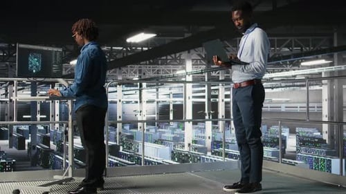 Data Center Coworkers Use Laptop to Monitor Neural Network LLM Visualization