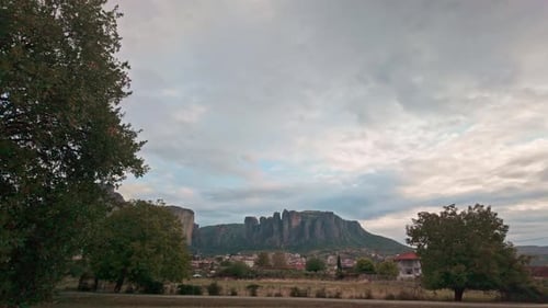View of distant mountain rock formations of Meteora above Kalabaka