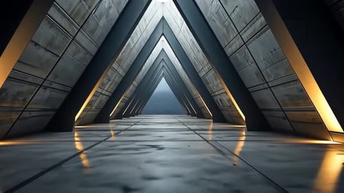 Modern, futuristic tunnel with triangular design and accent lighting