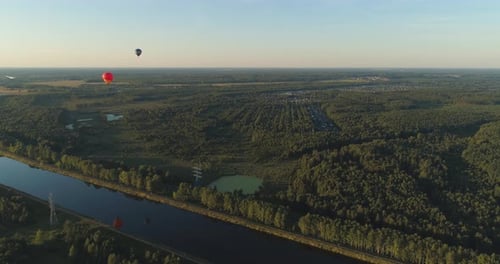 Aerial View Hot Air Balloons over Tranquil Landscape