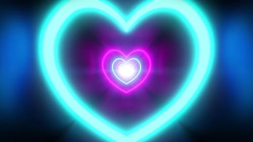 Seamless loop background with flying through the dark tunnel with neon hearts 4k