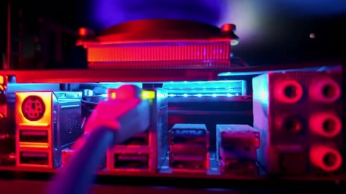Close up of a server with flashing colourful lights in a data center