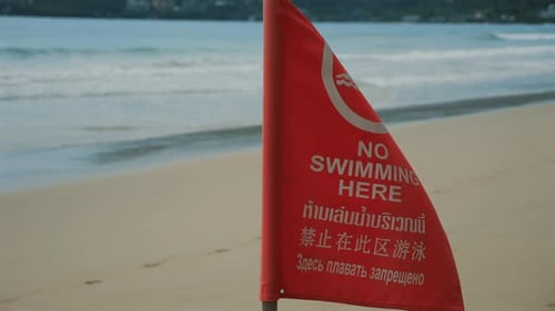 No Swimming Warning Flag on Sandy Beach