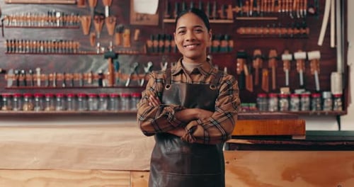 Leather work, portrait of woman in workshop with tools and manufacturing of unique textile product