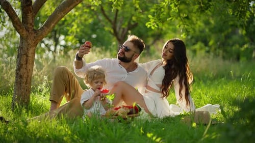 Family Enjoying a Picnic Under a Tree in a Sunny Meadow Family Vacation Concept