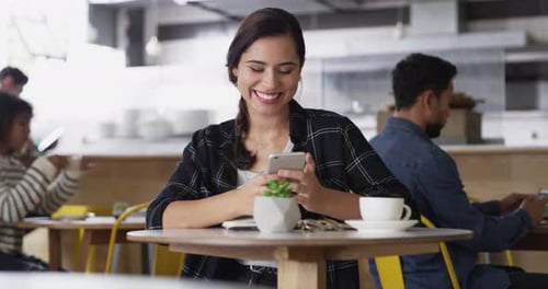 Laughing, phone or happy woman in coffee shop with a meme on social media or website notification