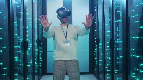 A Man and a Military Officer Explore VR in a Techfilled Room