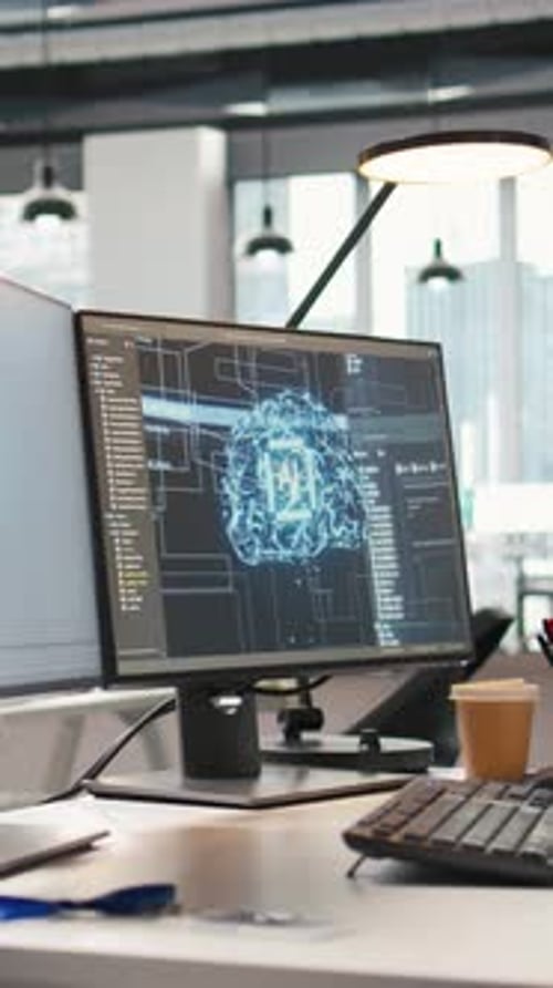 Vertical Video PC in Empty IT Startup Office Displaying Artificial Intelligence Code