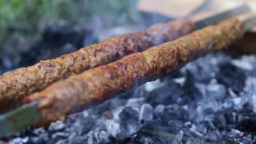 Close Up of Kebabs Cooking on a Barbecue