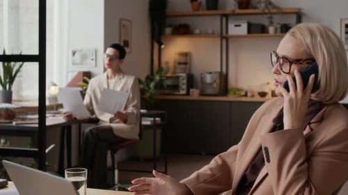 Two Middle-Aged Women Working at Their Work Desk in Modern Office