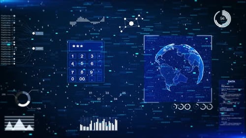 Concepto tecnológico: holograma, HUD, interfaces de alta tecnología, diseño, escenario, fondo, tierra digital virtual
