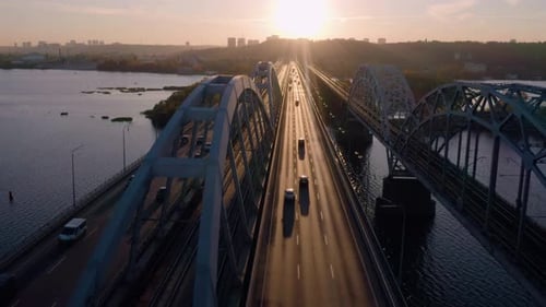 Highway Bridge Road with Car Traffic in the Evening Aerial View From Above