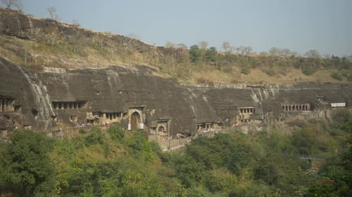 Panoramic view of The Ajanta caves monuments, Maharashtra, India