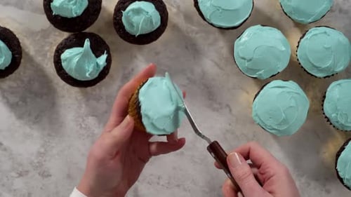 Flat Lay Decorating Chocolate Cupcakes with Buttercream Frosting and Rainbow Candy