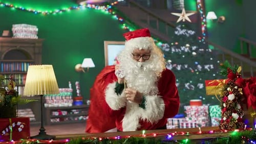 Santa Claus Stuffing Presents into Red Bag