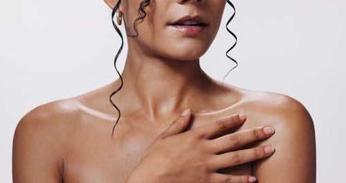 Body, skincare and woman with beauty from self care and dermatology in white background of studio