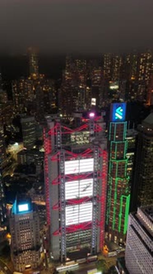 Aerial video of Hong Kong Central city skyline at night