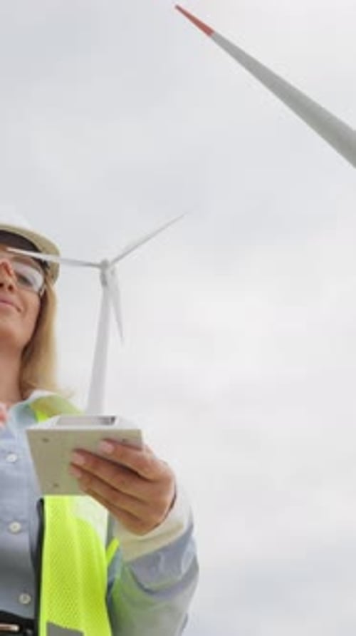 In a Wind Farm a Skilled Female Engineer Pilots a Drone Demonstrating Her Expertise and Commitment