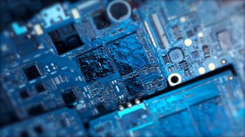 Futuristic surface of microchips, blurred background, modern technologies chips