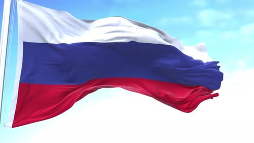 Realistic 3D Russian Flag Waving Against Blue Sky