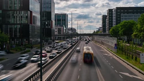 Bustling Mokotow Roadway: Warsaw Traffic in Springtime - Quickened View