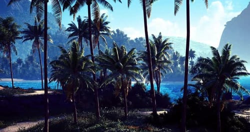 Vibrant Tropical Landscape with Palm Trees and Serene Ocean View at Sunrise