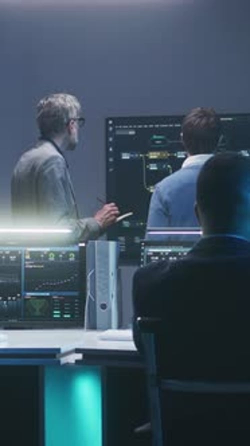 Team of IT Technical Specialists and Software Programmers Work in Monitoring Office