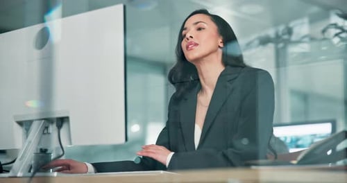 Office, computer and businesswoman typing, thinking and research for financial analyst