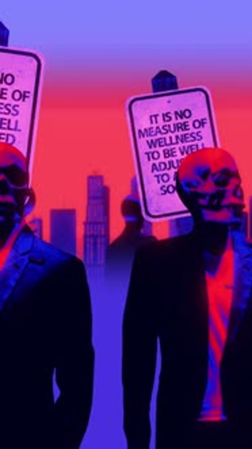 Suited Skull Mannequins With Wellness Signs Retro Background Loop