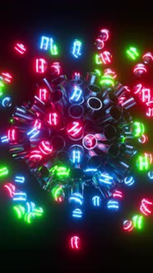 Des
sphères de néon multicolores sautent hors de tubes métalliques. Animation en boucle verticale