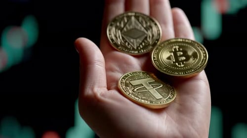 Paume ouverte tenant diverses pièces dorées en cryptomonnaies sur fond numérique foncé