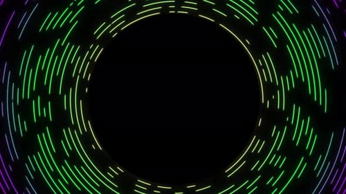 Kreislinien-Animation auf schwarzem Hintergrund. Kreis, Partikellinie, Bewegung, Kreis, Halbton, Partikelpunkt