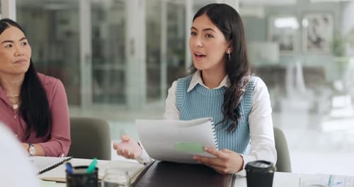 Business people, meeting and woman in office with documents, paperwork and discussion for feedback