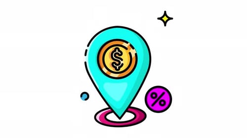 Animated Made in uk a blue location pin with a dollar coin inside.