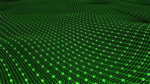 Looping background with abstract digital green waves made of hi-tech grid and particles, 4k , 60 fps