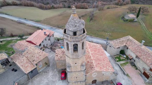 Panoramic drone view of old medieval beautiful traditional style stone houses in historic center