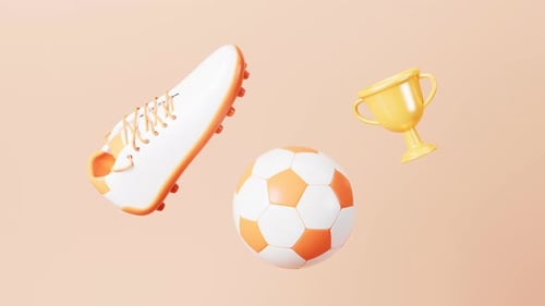 Cartoon football boots, football and trophy in the yellow background, 3d rendering.