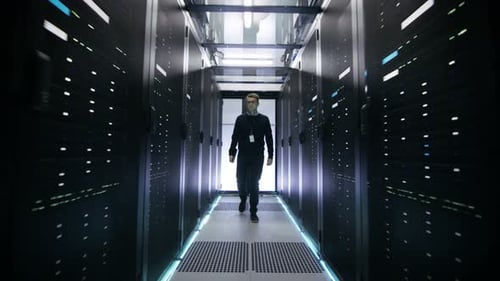 Following Shot of IT Engineer Walking Through Data Center Corridor with Rows of Rack Servers.