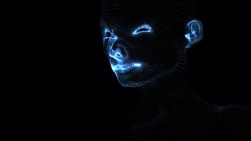 Futuristic Wireframe Human Head Animation with Glowing Blue Lights