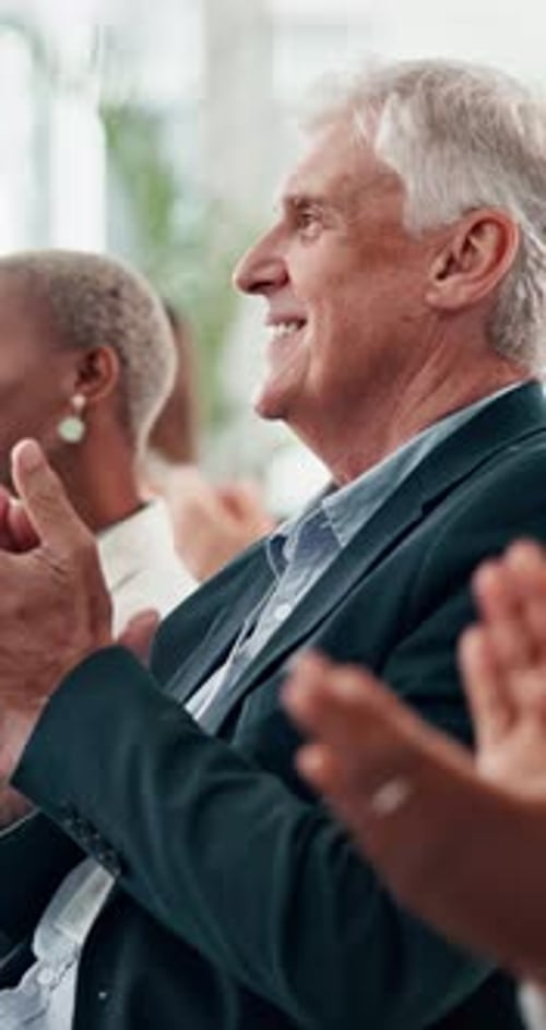 Senior man, applause and audience at conference for development, career