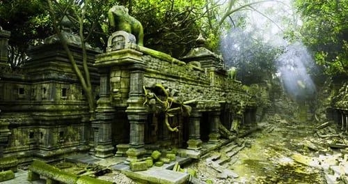 Ruines d'un ancien temple enveloppées de feuillage tropical dans une forêt sereine