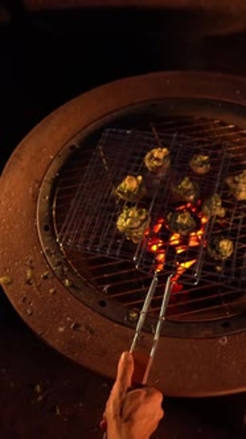 Grilling Mushrooms on a Fire Pit at Night