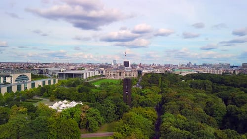 Tiergarten bell tower Reichstag building.
Stunning aerial view flight panorama overview drone to Gov