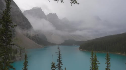 Moraine Lake on a rainy day. Timelapse