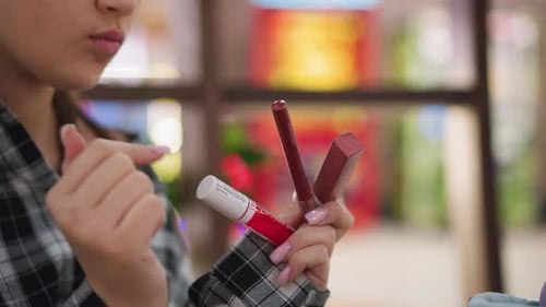 Young Artist Contemplating Makeup Selection While Holding Three Beauty Products