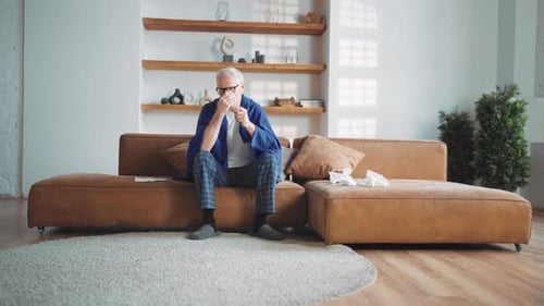 Runny Nose and Cough Sick Aged Man Sitting Alone in Apartment High Temperature Elderly Male Person