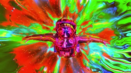 Un astronaute psychédélique trippy passe le tunnel temporel coloré