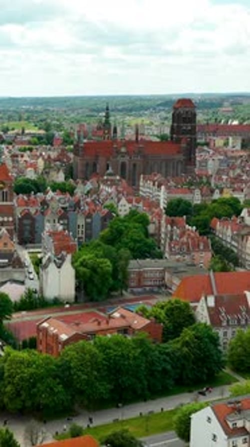 Vertical Aerial View Of Gdansk Old Town Cityscape In Poland