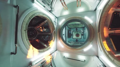 Innenansicht eines Raumschiffmoduls im Orbit, das fortschrittliche Technologie zeigt