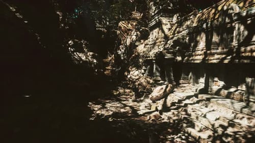 Journey Through Shadowed Ruins with River Reflections and Carved Pillars